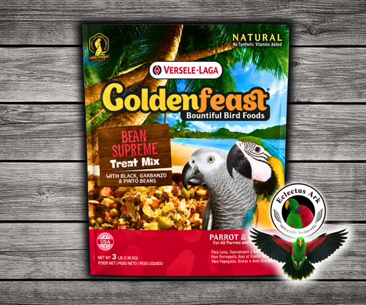 Goldenfeast Bean Supreme Natural Bird Treat with cashews, almonds, walnuts, roasted soybeans, dehydrated black beans, dehydrated red beans, roasted garbanzo beans, oats, buckwheat, rice, pinto beans, pineapple, raisins, mango, vegetables, pecans, pistachios, and hazelnuts for parrots, macaws, cockatoos, and large birds. 3 lb bag
