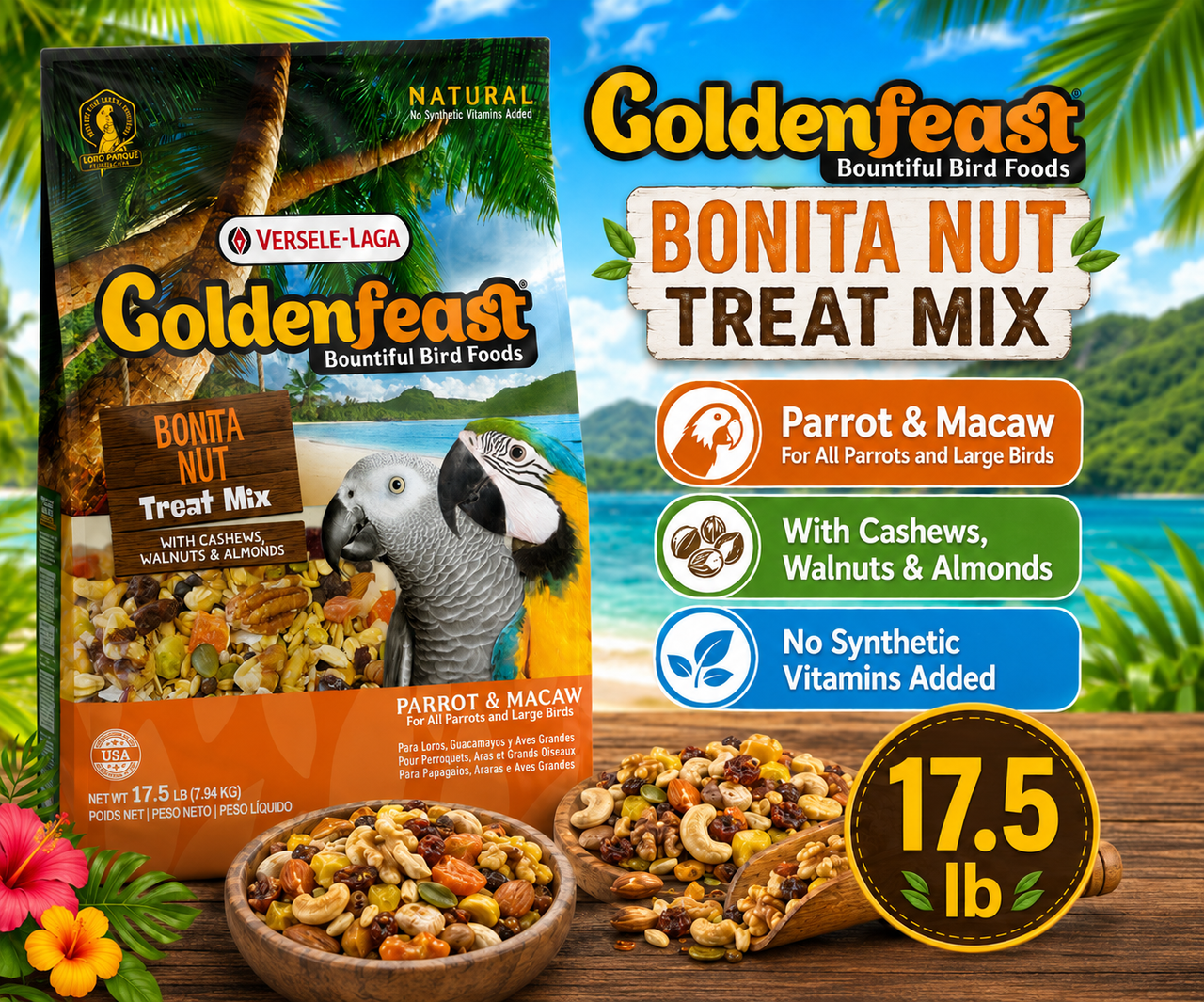 Goldenfeast Bonita Nut Bird Treat is a natural mix with assorted nuts, dried fruits, legumes, vegetables, seeds, grains, and probiotics 17.5 lb bag Promotional Image