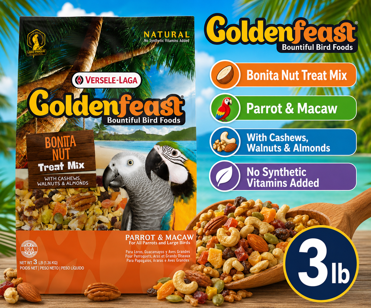 Goldenfeast Bonita Nut Bird Treat is a natural mix with assorted nuts, dried fruits, legumes, vegetables, seeds, grains, and probiotics 3 lb bag promo