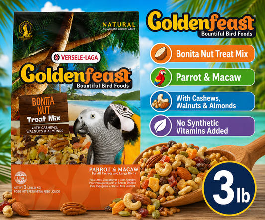Goldenfeast Bonita Nut Bird Treat is a natural mix with assorted nuts, dried fruits, legumes, vegetables, seeds, grains, and probiotics 3 lb bag promo