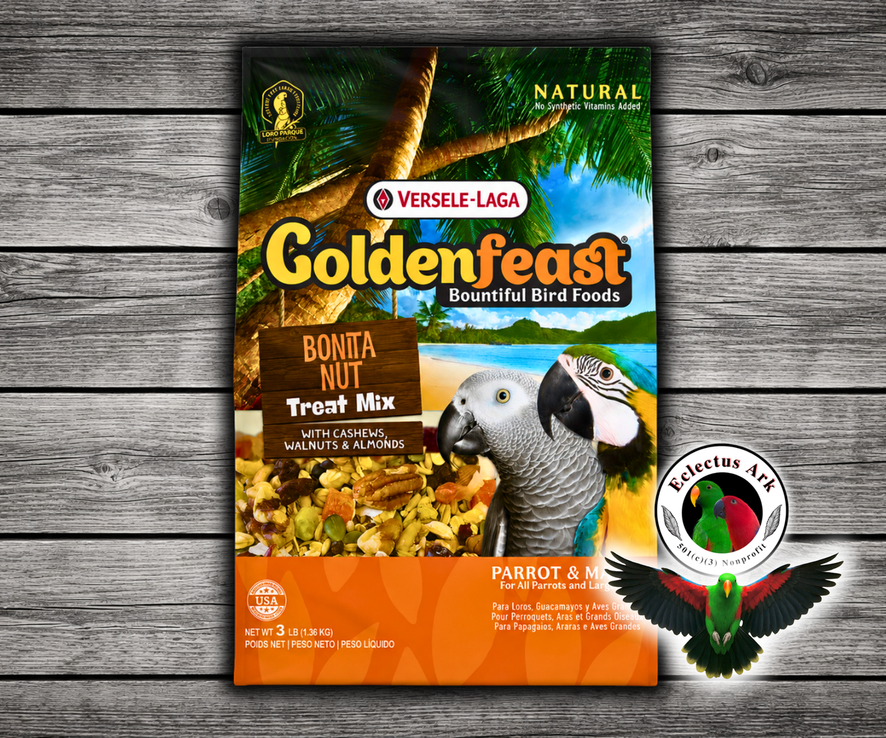 Goldenfeast Bonita Nut Bird Treat is a natural mix with assorted nuts, dried fruits, legumes, vegetables, seeds, grains, and probiotics. 3 lb bag