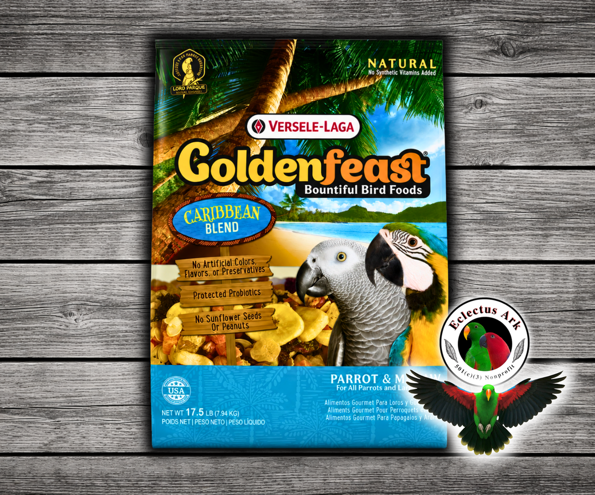 Goldenfeast Caribbean Blend Natural Parrot Food with pineapple, papaya, cranberries, roasted soybeans, pumpkin seeds, bananas, cashews, walnuts, raisins, almonds, dates, mango, green peas, carrots, dehydrated black beans, pinto beans, sweet potatoes, parsley flakes, and protected probiotics for parrots, macaws, cockatoos, and large birds. 17.5 lb bag