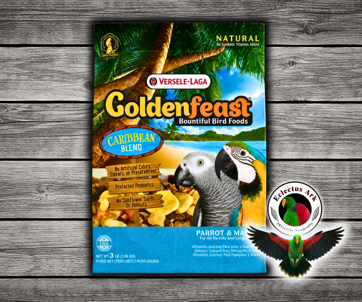 Goldenfeast Caribbean Blend Natural Parrot Food with pineapple, papaya, cranberries, roasted soybeans, pumpkin seeds, bananas, cashews, walnuts, raisins, almonds, dates, mango, green peas, carrots, dehydrated black beans, pinto beans, sweet potatoes, parsley flakes, and protected probiotics for parrots, macaws, cockatoos, and large birds. 3 lb bag