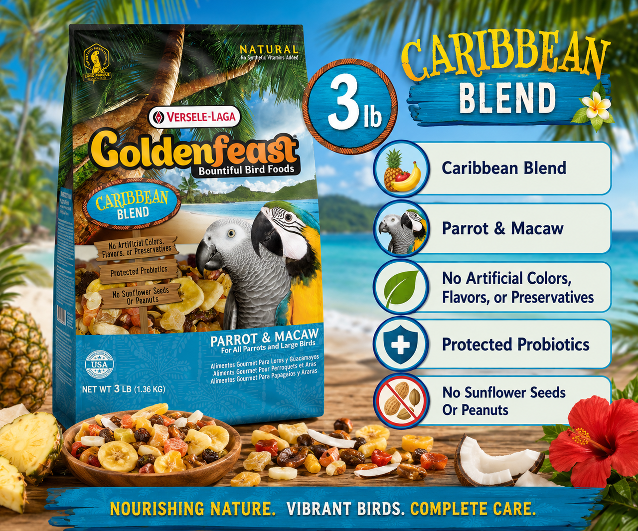 Goldenfeast Caribbean Blend Natural Parrot Food with pineapple, papaya, cranberries, roasted soybeans, pumpkin seeds, bananas, cashews, walnuts, raisins, almonds, dates, mango, green peas, carrots, dehydrated black beans, pinto beans, sweet potatoes, parsley flakes, and protected probiotics for parrots, macaws, cockatoos, and large birds. 3 lb bag Promotional Image