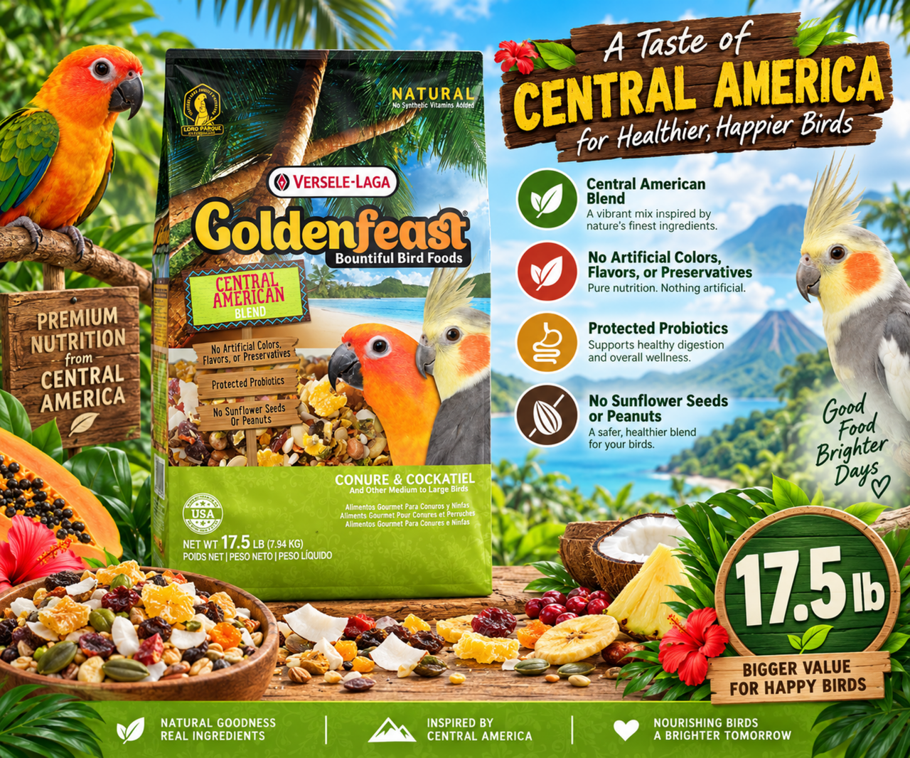 Goldenfeast Central American Blend Natural Bird Food with safflower, oats, buckwheat, cranberries, roasted soybeans, pumpkin seeds, carrots, cashews, coconut, roasted garbanzo beans, mango, pineapple, beets, walnuts, broccoli, apricots, cherries, black beans, sweet peppers, green peas, dates, blueberries, hazelnuts, pinto beans, and protected probiotics for conures, cockatiels, parrots, and medium to large birds.17.5 lb bag Promotional Image