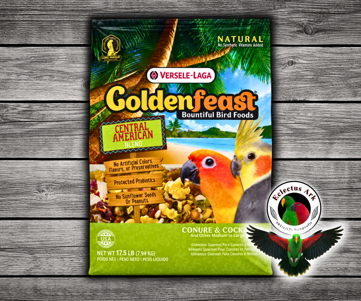 Goldenfeast Central American Blend Natural Bird Food with safflower, oats, buckwheat, cranberries, roasted soybeans, pumpkin seeds, carrots, cashews, coconut, roasted garbanzo beans, mango, pineapple, beets, walnuts, broccoli, apricots, cherries, black beans, sweet peppers, green peas, dates, blueberries, hazelnuts, pinto beans, and protected probiotics for conures, cockatiels, parrots, and medium to large birds. 17.5 lb bag