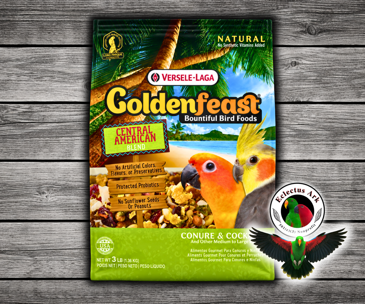 Goldenfeast Central American Blend Natural Bird Food with safflower, oats, buckwheat, cranberries, roasted soybeans, pumpkin seeds, carrots, cashews, coconut, roasted garbanzo beans, mango, pineapple, beets, walnuts, broccoli, apricots, cherries, black beans, sweet peppers, green peas, dates, blueberries, hazelnuts, pinto beans, and protected probiotics for conures, cockatiels, parrots, and medium to large birds. 3 lb  bag