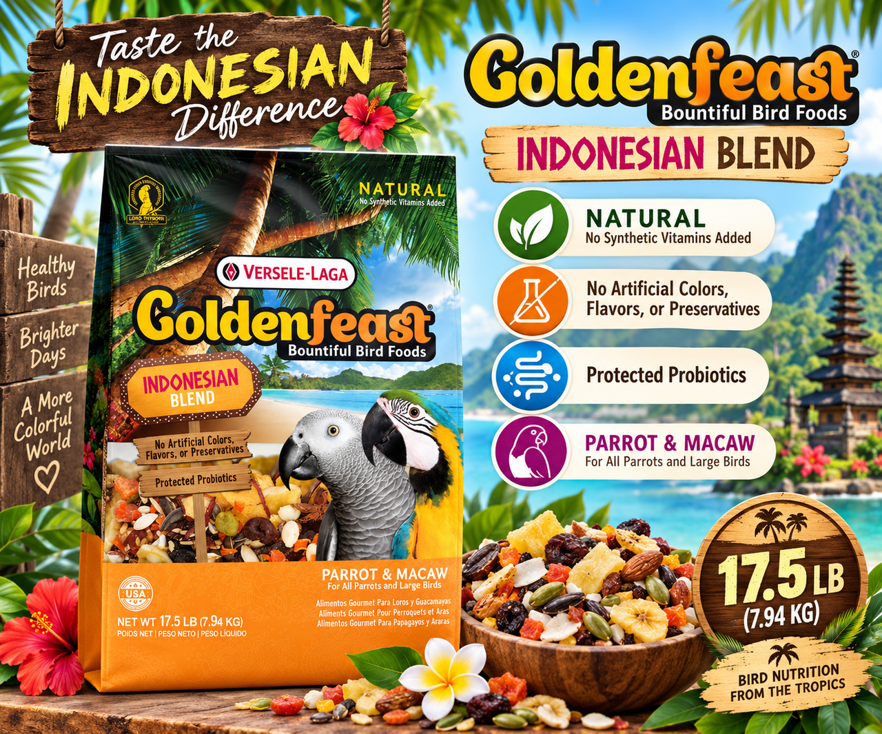 Goldenfeast Indonesian Blend Natural Parrot Food with safflower, sunflower seeds, cashews, carrots, roasted soybeans, buckwheat, oats, bananas, pumpkin seeds, cranberries, dates, blueberries, green peas, mango, papaya, cherries, apples, beans, sweet potatoes, Brazil nuts, anise seeds, and protected probiotics for parrots, macaws, cockatoos, and large birds. 17.5 lb bag Promotional Image