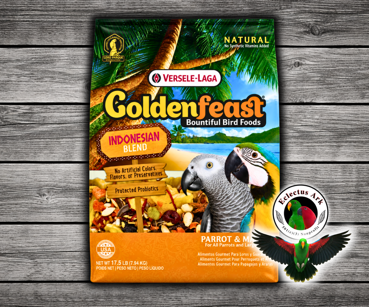 Goldenfeast Indonesian Blend Natural Parrot Food with safflower, sunflower seeds, cashews, carrots, roasted soybeans, buckwheat, oats, bananas, pumpkin seeds, cranberries, dates, blueberries, green peas, mango, papaya, cherries, apples, beans, sweet potatoes, Brazil nuts, anise seeds, and protected probiotics for parrots, macaws, cockatoos, and large birds. 17.5 lb bag