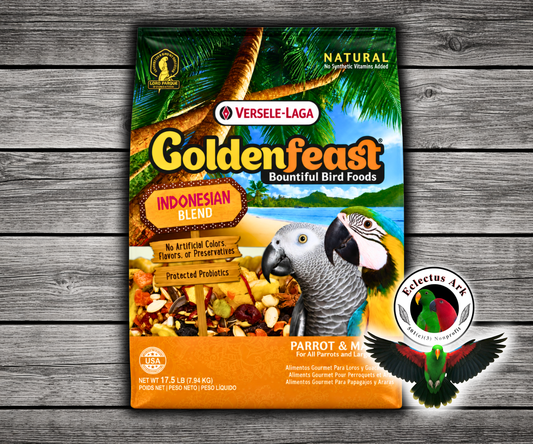 Goldenfeast Indonesian Blend Natural Parrot Food with safflower, sunflower seeds, cashews, carrots, roasted soybeans, buckwheat, oats, bananas, pumpkin seeds, cranberries, dates, blueberries, green peas, mango, papaya, cherries, apples, beans, sweet potatoes, Brazil nuts, anise seeds, and protected probiotics for parrots, macaws, cockatoos, and large birds. 17.5 lb bag