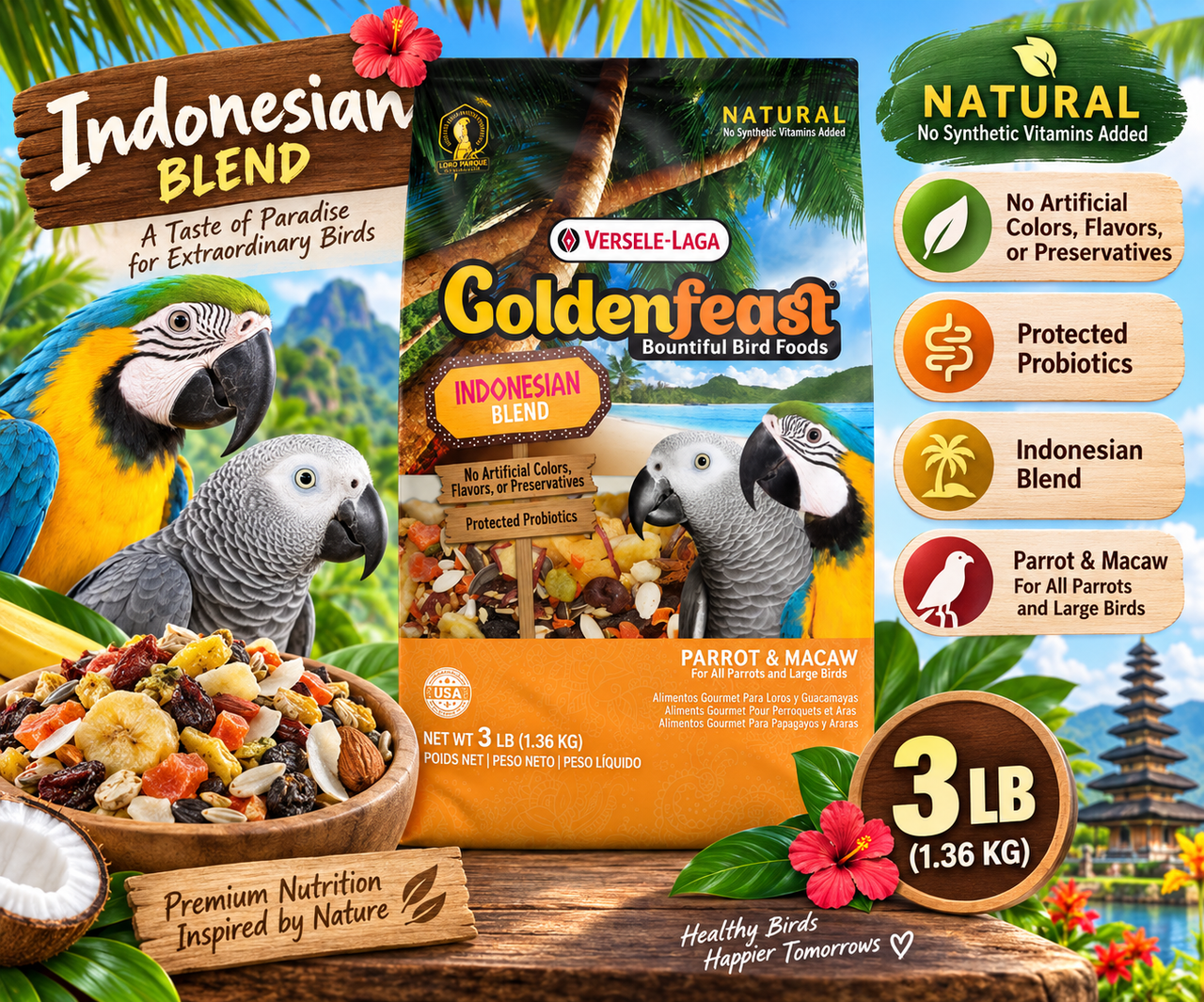 Goldenfeast Indonesian Blend Natural Parrot Food with safflower, sunflower seeds, cashews, carrots, roasted soybeans, buckwheat, oats, bananas, pumpkin seeds, cranberries, dates, blueberries, green peas, mango, papaya, cherries, apples, beans, sweet potatoes, Brazil nuts, anise seeds, and protected probiotics for parrots, macaws, cockatoos, and large birds. 3 lb bag Promotional Image
