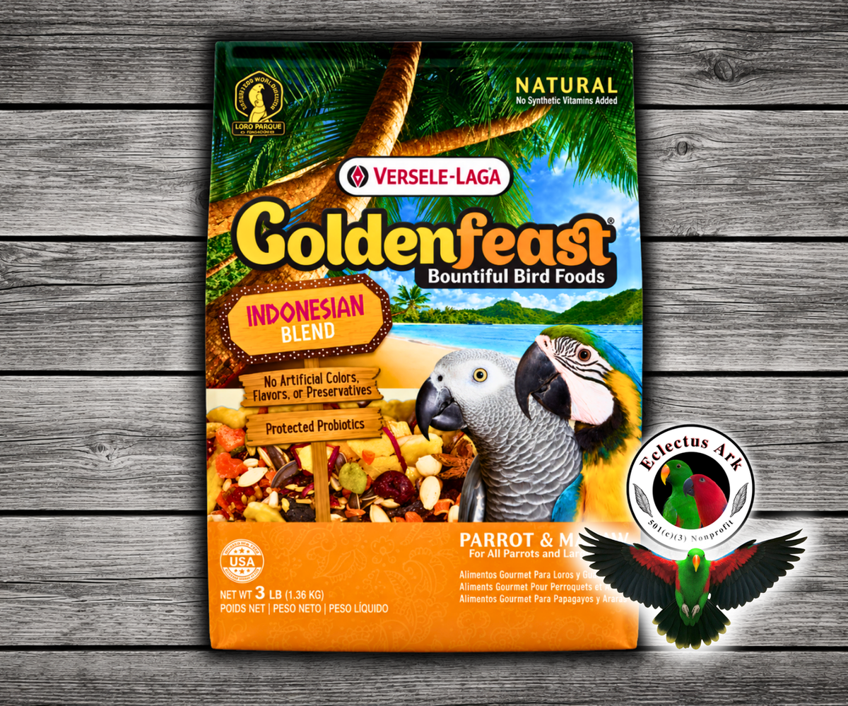 Goldenfeast Indonesian Blend Natural Parrot Food with safflower, sunflower seeds, cashews, carrots, roasted soybeans, buckwheat, oats, bananas, pumpkin seeds, cranberries, dates, blueberries, green peas, mango, papaya, cherries, apples, beans, sweet potatoes, Brazil nuts, anise seeds, and protected probiotics for parrots, macaws, cockatoos, and large birds. 3 lb bag