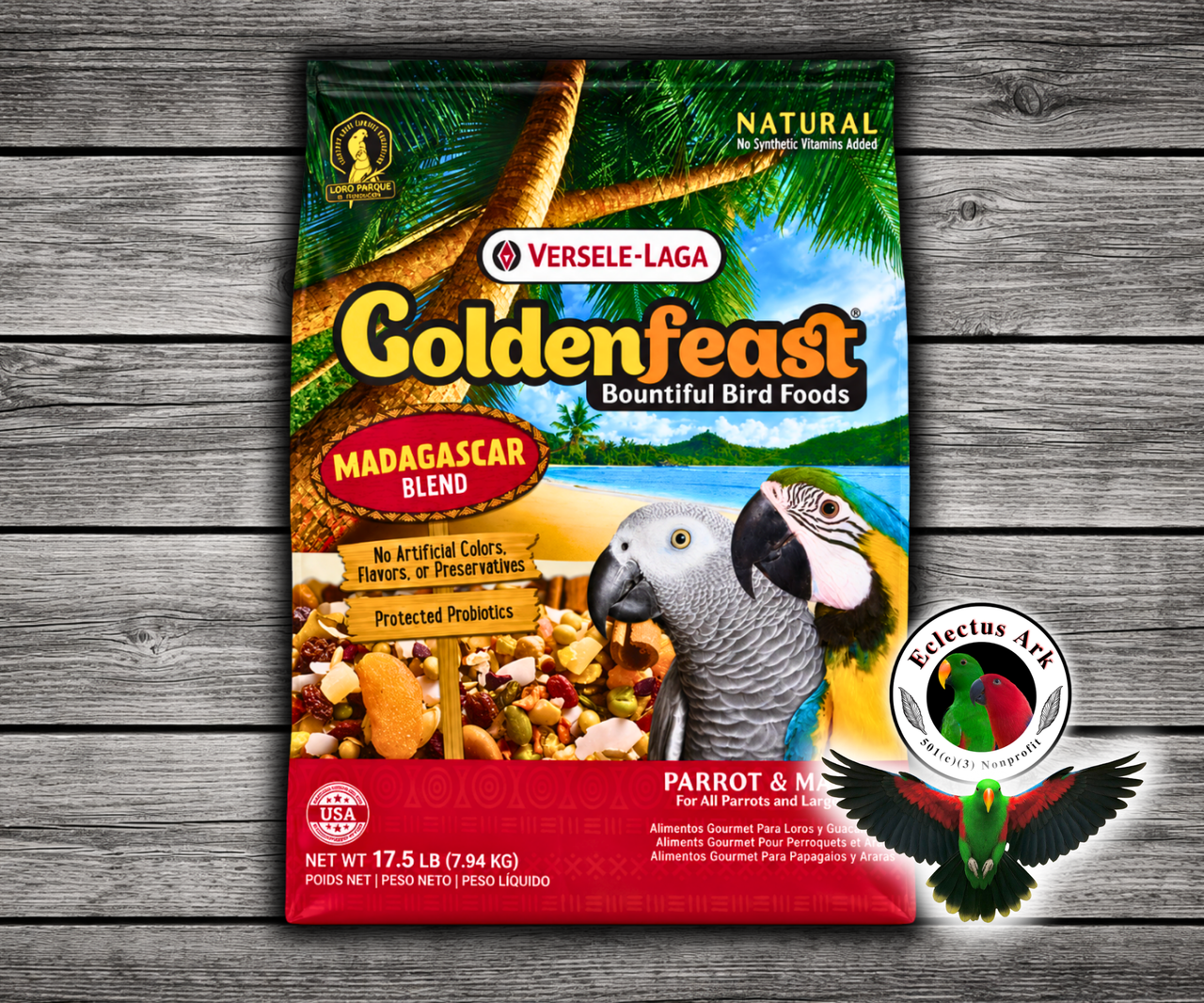 Goldenfeast Madagascar Blend Natural Parrot Food with papaya, cashews, almonds, walnuts, roasted soybeans, cranberries, oats, pumpkin seeds, coconut, raisins, bananas, apricots, cherries, mango, pineapple, beets, Ceylon cinnamon, sweet potatoes, Brazil nuts, sweet peppers, hazelnuts, apples, and protected probiotics for parrots, macaws, cockatoos, and large birds. 17.5 lb bag