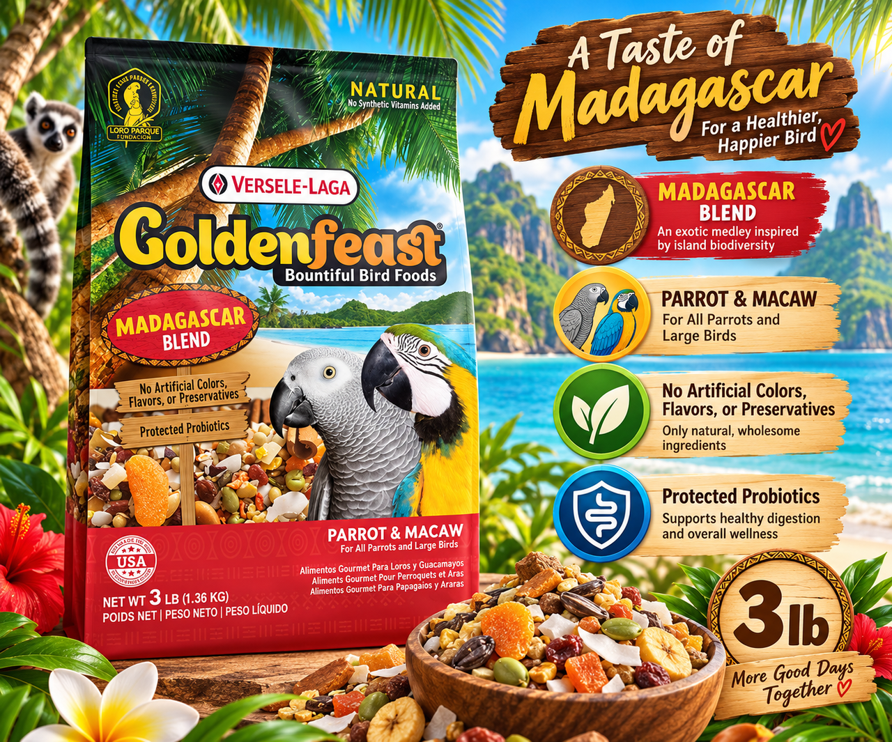 Goldenfeast Madagascar Blend Natural Parrot Food with papaya, cashews, almonds, walnuts, roasted soybeans, cranberries, oats, pumpkin seeds, coconut, raisins, bananas, apricots, cherries, mango, pineapple, beets, Ceylon cinnamon, sweet potatoes, Brazil nuts, sweet peppers, hazelnuts, apples, and protected probiotics for parrots, macaws, cockatoos, and large birds. 3 lb bag Promotional Image