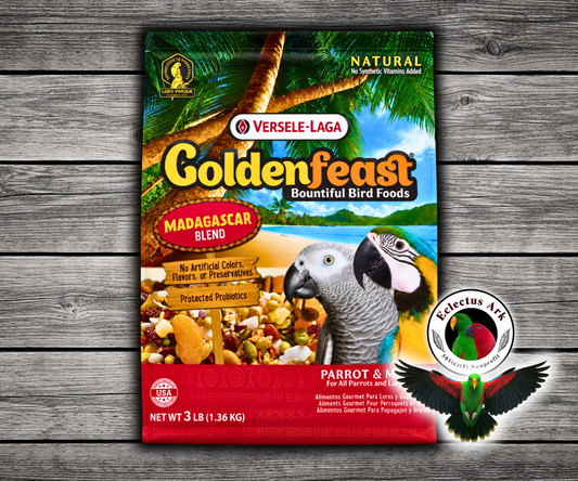 Goldenfeast Madagascar Blend Natural Parrot Food with papaya, cashews, almonds, walnuts, roasted soybeans, cranberries, oats, pumpkin seeds, coconut, raisins, bananas, apricots, cherries, mango, pineapple, beets, Ceylon cinnamon, sweet potatoes, Brazil nuts, sweet peppers, hazelnuts, apples, and protected probiotics for parrots, macaws, cockatoos, and large birds. 3 lb bag