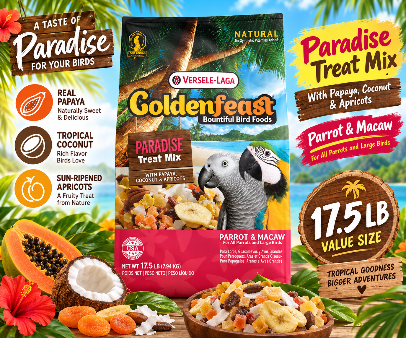 Goldenfeast Paradise Natural Bird Treat with safflower, oats, papaya, peanuts, flaked corn, coconut, buckwheat, bananas, roasted soybeans, apricots, cranberries, pineapple, green peas, almonds, pecans, cashews, walnuts, black beans, pinto beans, cherries, mango, beets, apples, carrots, sweet potatoes, broccoli, and parsley flakes for parrots, macaws, cockatoos, and large birds. 17.5 lb bag Promotional Image