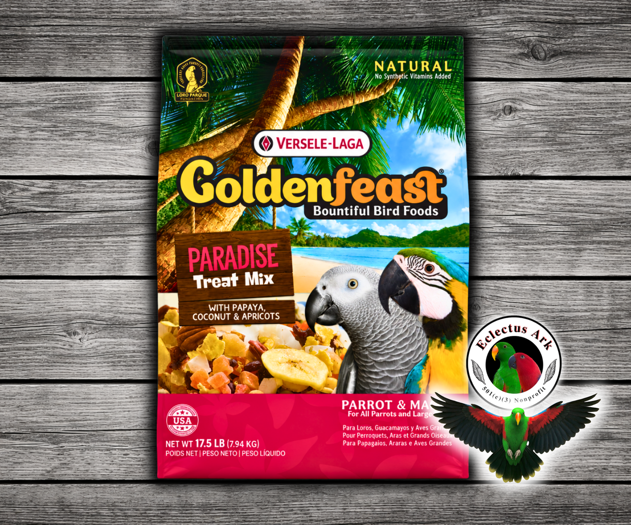 Goldenfeast Paradise Natural Bird Treat with safflower, oats, papaya, peanuts, flaked corn, coconut, buckwheat, bananas, roasted soybeans, apricots, cranberries, pineapple, green peas, almonds, pecans, cashews, walnuts, black beans, pinto beans, cherries, mango, beets, apples, carrots, sweet potatoes, broccoli, and parsley flakes for parrots, macaws, cockatoos, and large birds. 17.5 lb bag
