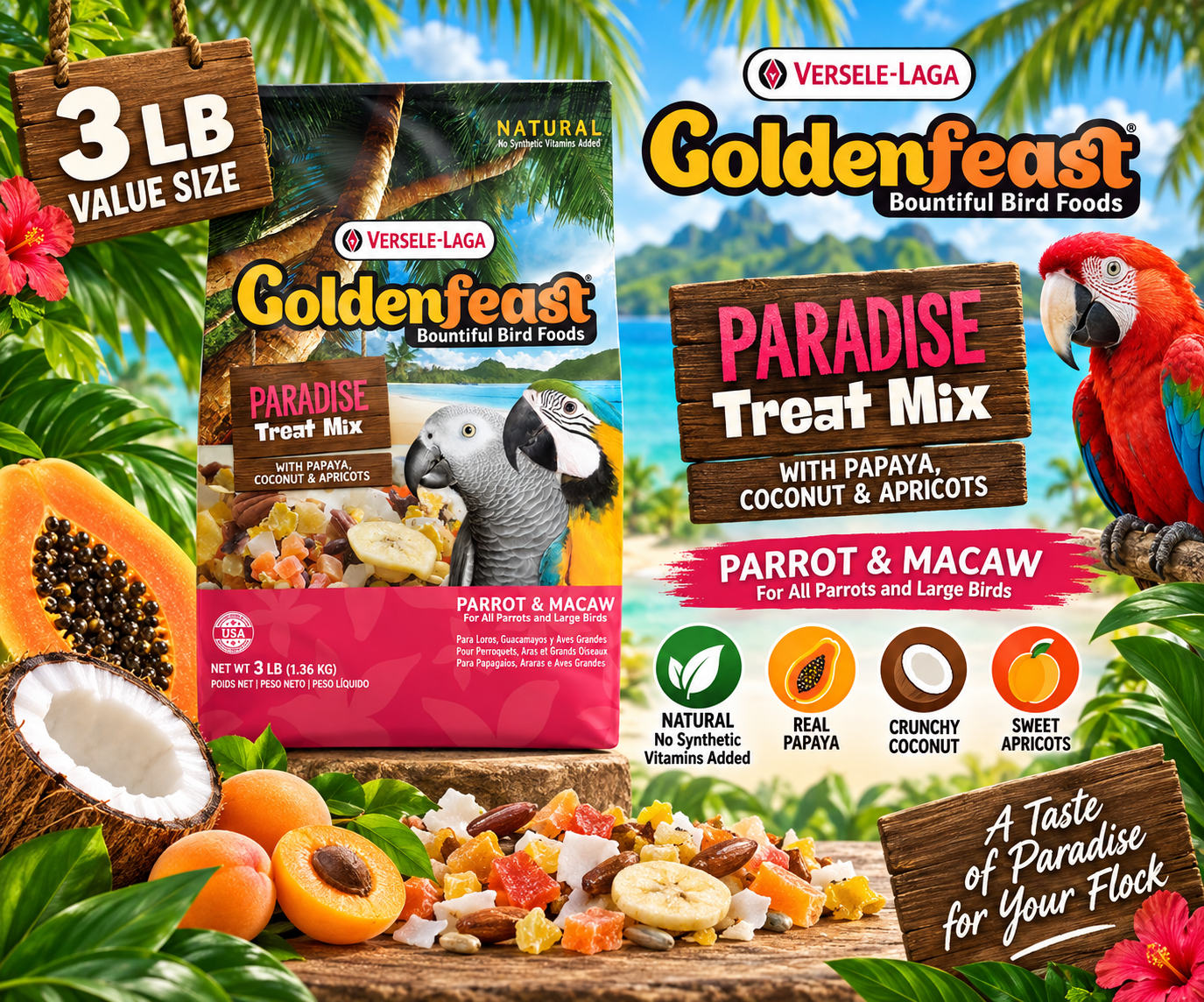 Goldenfeast Paradise Natural Bird Treat with safflower, oats, papaya, peanuts, flaked corn, coconut, buckwheat, bananas, roasted soybeans, apricots, cranberries, pineapple, green peas, almonds, pecans, cashews, walnuts, black beans, pinto beans, cherries, mango, beets, apples, carrots, sweet potatoes, broccoli, and parsley flakes for parrots, macaws, cockatoos, and large birds. 3 lb bag Promotional Image