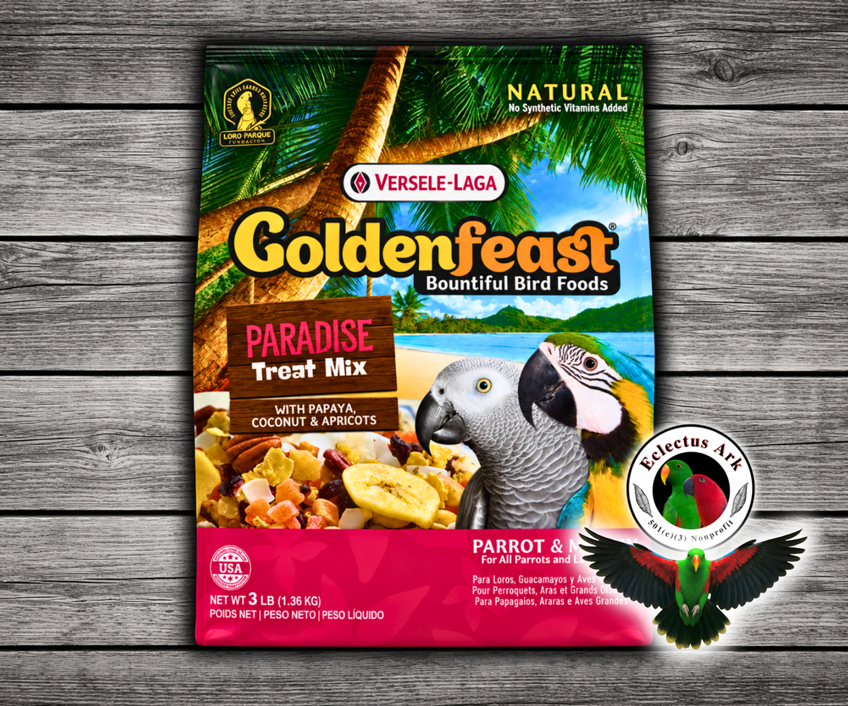 Goldenfeast Paradise Natural Bird Treat with safflower, oats, papaya, peanuts, flaked corn, coconut, buckwheat, bananas, roasted soybeans, apricots, cranberries, pineapple, green peas, almonds, pecans, cashews, walnuts, black beans, pinto beans, cherries, mango, beets, apples, carrots, sweet potatoes, broccoli, and parsley flakes for parrots, macaws, cockatoos, and large birds. 3 lb bag