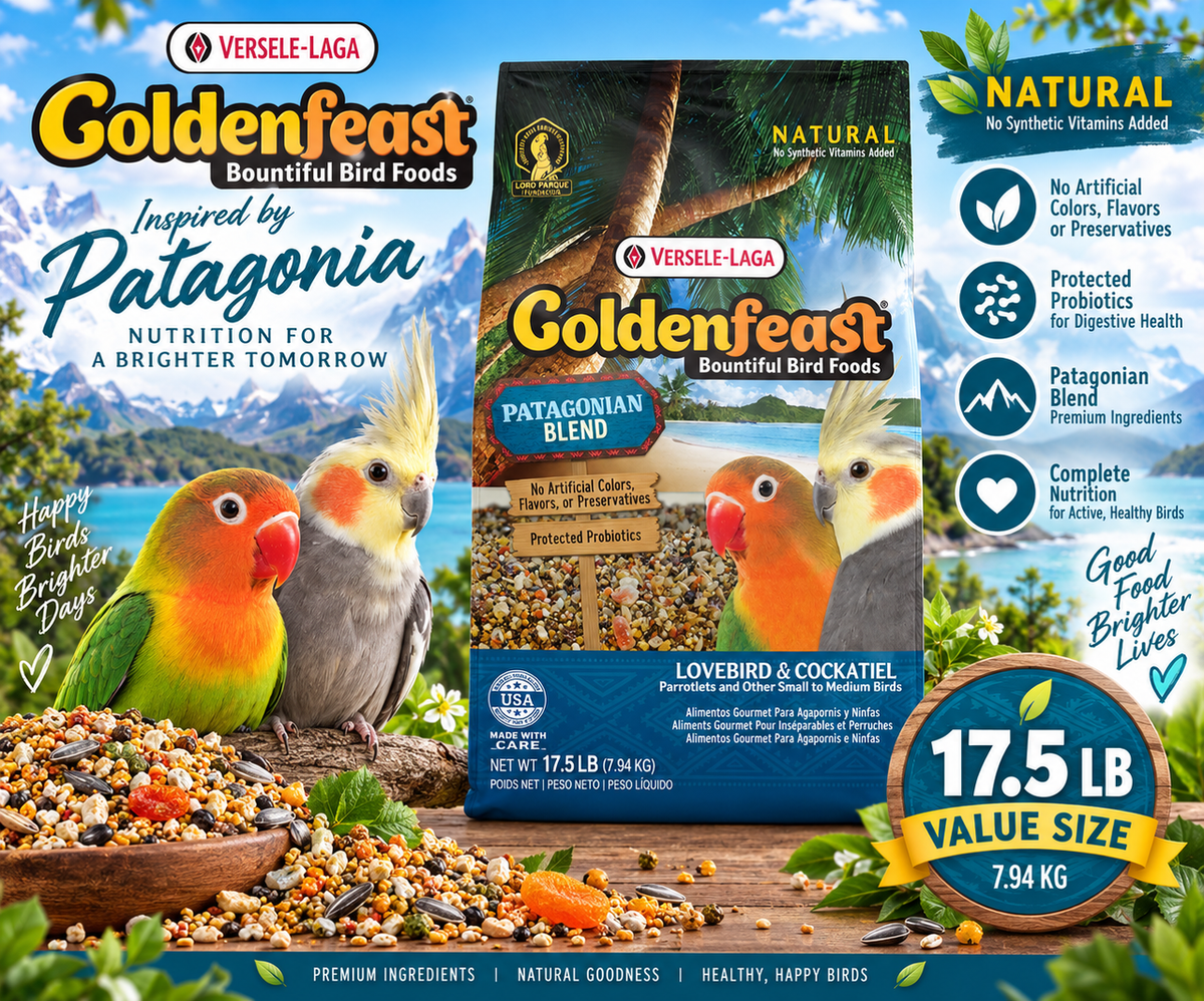 Goldenfeast Patagonian Blend Natural Small Bird Food with white millet, cashews, oats, rapeseeds, roasted soybeans, pineapple, quinoa, walnuts, papaya, chia seeds, carrots, flaxseed, sesame seeds, red millet, pinto beans, black beans, garbanzo beans, green peas, beets, dates, basil, lemon peel, parsley flakes, and protected probiotics for cockatiels, lovebirds, budgies, parakeets, conures, and small to medium birds. 17.5 lb bag Promotional Image