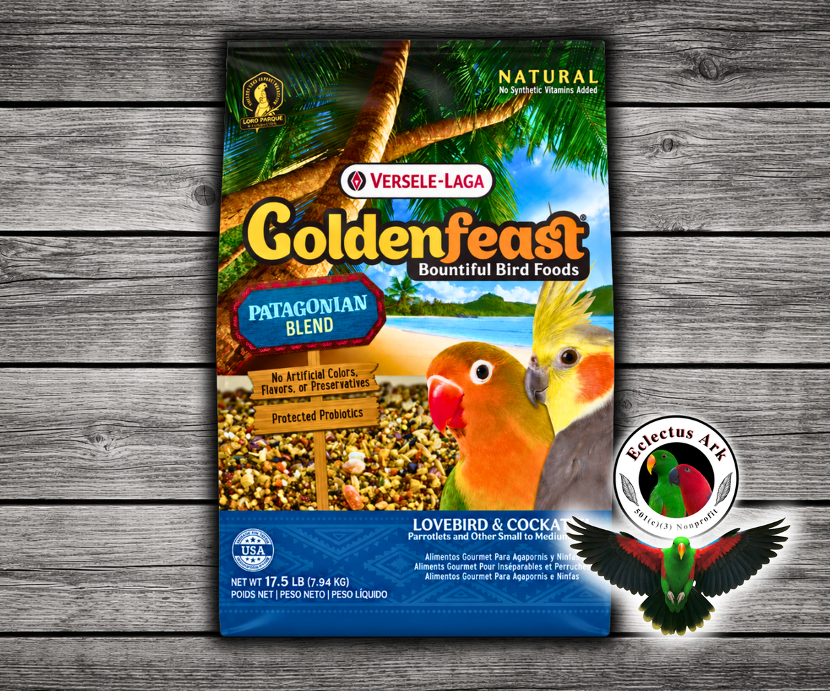 Goldenfeast Patagonian Blend Natural Small Bird Food with white millet, cashews, oats, rapeseeds, roasted soybeans, pineapple, quinoa, walnuts, papaya, chia seeds, carrots, flaxseed, sesame seeds, red millet, pinto beans, black beans, garbanzo beans, green peas, beets, dates, basil, lemon peel, parsley flakes, and protected probiotics for cockatiels, lovebirds, budgies, parakeets, conures, and small to medium birds. 17.5 lb bag