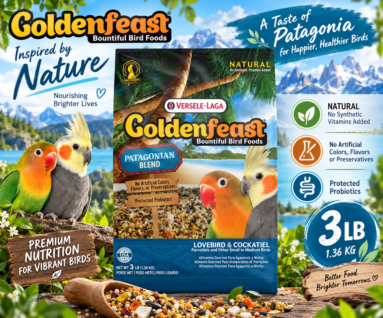 Goldenfeast Patagonian Blend Natural Small Bird Food with white millet, cashews, oats, rapeseeds, roasted soybeans, pineapple, quinoa, walnuts, papaya, chia seeds, carrots, flaxseed, sesame seeds, red millet, pinto beans, black beans, garbanzo beans, green peas, beets, dates, basil, lemon peel, parsley flakes, and protected probiotics for cockatiels, lovebirds, budgies, parakeets, conures, and small to medium birds. 3 lb bag Promotional Image