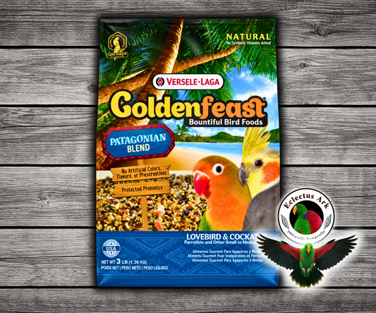 Goldenfeast Patagonian Blend Natural Small Bird Food with white millet, cashews, oats, rapeseeds, roasted soybeans, pineapple, quinoa, walnuts, papaya, chia seeds, carrots, flaxseed, sesame seeds, red millet, pinto beans, black beans, garbanzo beans, green peas, beets, dates, basil, lemon peel, parsley flakes, and protected probiotics for cockatiels, lovebirds, budgies, parakeets, conures, and small to medium birds. 3 lb bag
