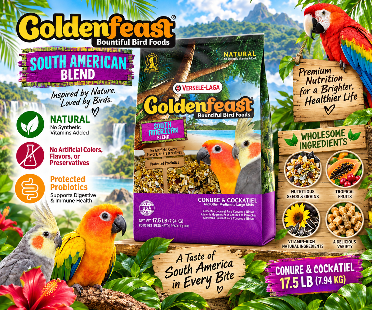 Goldenfeast South American Blend Natural Bird Food with white millet, oats, cashews, safflower, roasted soybeans, almonds, buckwheat, sunflower seeds, walnuts, green peas, pistachios, papaya, peanuts, pineapple, pinto beans, black beans, garbanzo beans, dates, raisins, carrots, pumpkin seeds, sweet peppers, star anise, lemon peel, and protected probiotics for conures, cockatiels, lovebirds, and medium to large birds. 17.5 lb bag Promotional Image