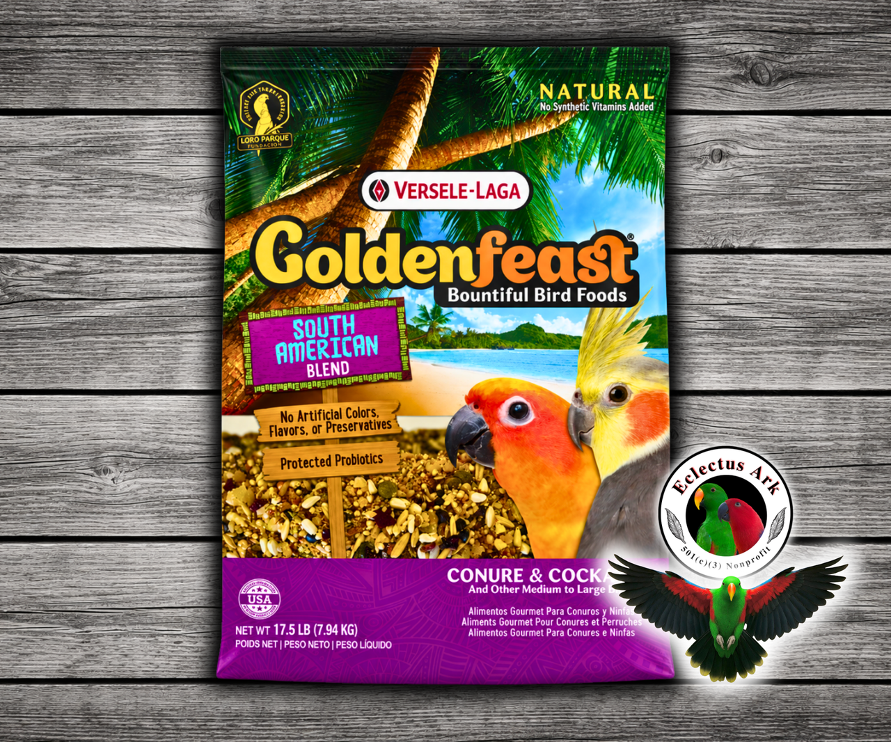 Goldenfeast South American Blend Natural Bird Food with white millet, oats, cashews, safflower, roasted soybeans, almonds, buckwheat, sunflower seeds, walnuts, green peas, pistachios, papaya, peanuts, pineapple, pinto beans, black beans, garbanzo beans, dates, raisins, carrots, pumpkin seeds, sweet peppers, star anise, lemon peel, and protected probiotics for conures, cockatiels, lovebirds, and medium to large birds. 17.5 lb bag