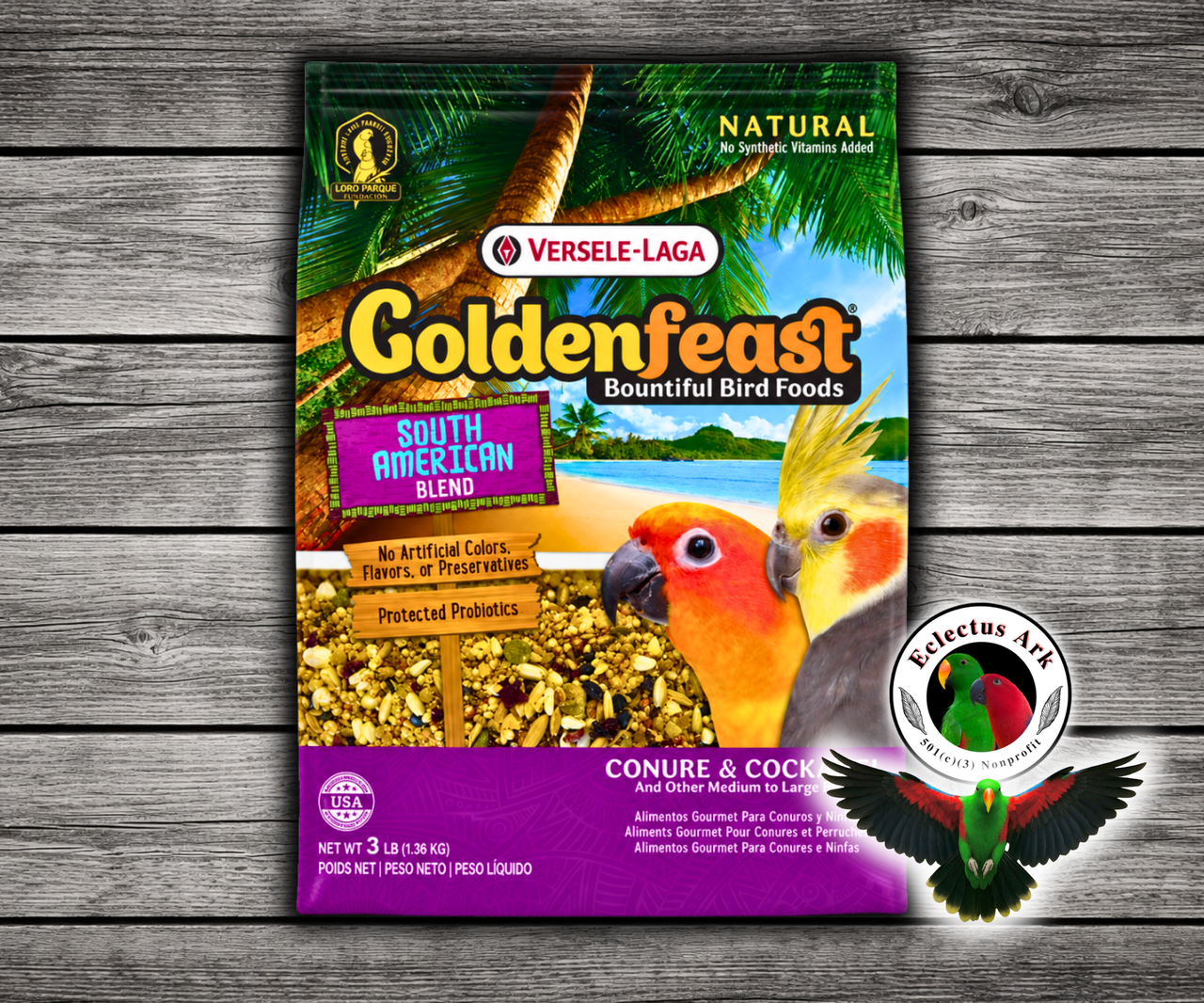 Goldenfeast South American Blend Natural Bird Food with white millet, oats, cashews, safflower, roasted soybeans, almonds, buckwheat, sunflower seeds, walnuts, green peas, pistachios, papaya, peanuts, pineapple, pinto beans, black beans, garbanzo beans, dates, raisins, carrots, pumpkin seeds, sweet peppers, star anise, lemon peel, and protected probiotics for conures, cockatiels, lovebirds, and medium to large birds. 3 lb bag