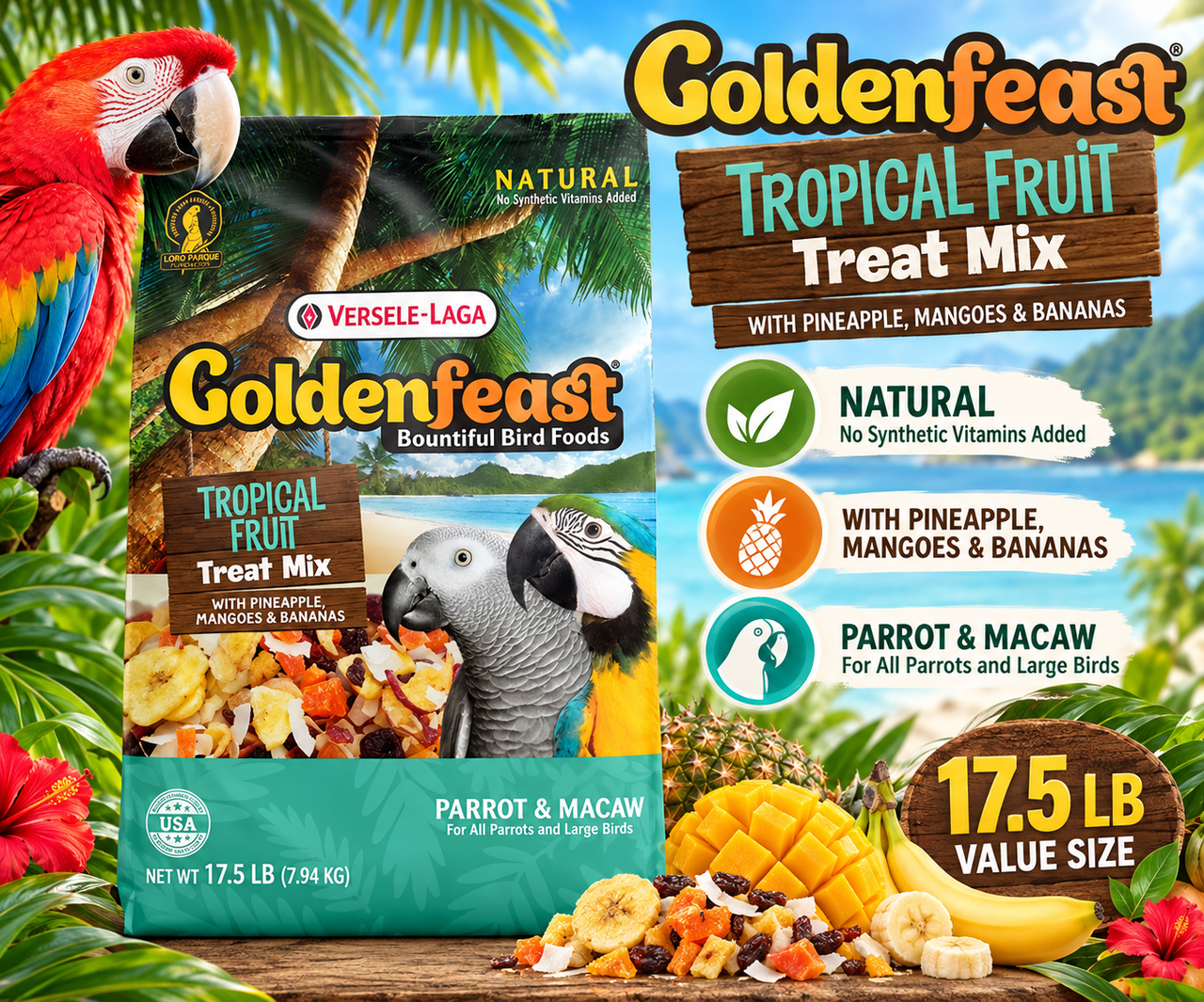 Goldenfeast Tropical Fruit Natural Bird Treat with papaya, pineapple, cranberries, apricots, raisins, mango, coconut, apples, bananas, cherries, figs, juniper berries, blueberries, and dates for parrots, macaws, cockatoos, and large birds 17.5 lb bag Promotional Image