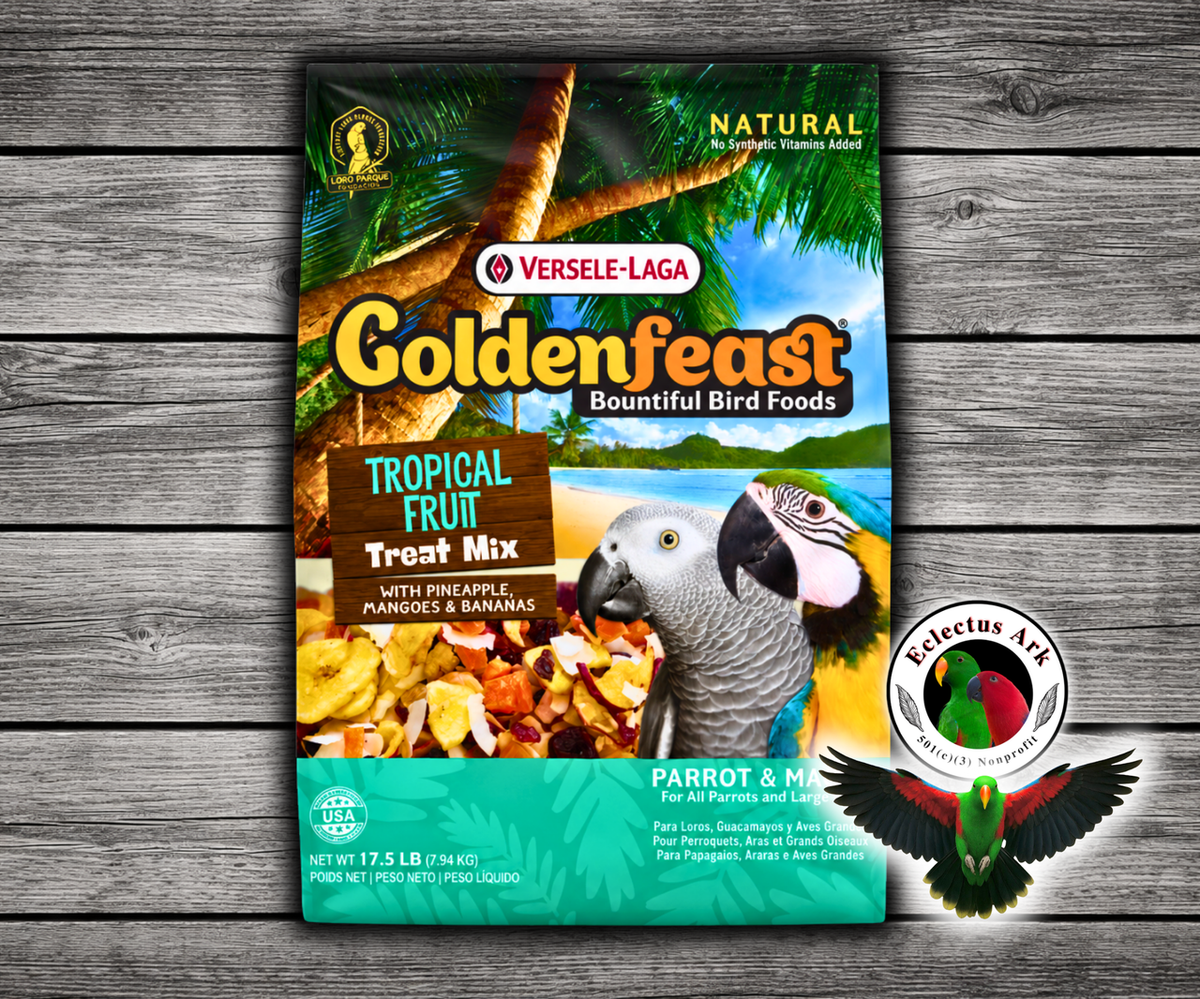 Goldenfeast Tropical Fruit Natural Bird Treat with papaya, pineapple, cranberries, apricots, raisins, mango, coconut, apples, bananas, cherries, figs, juniper berries, blueberries, and dates for parrots, macaws, cockatoos, and large birds. 17.5 lb bag