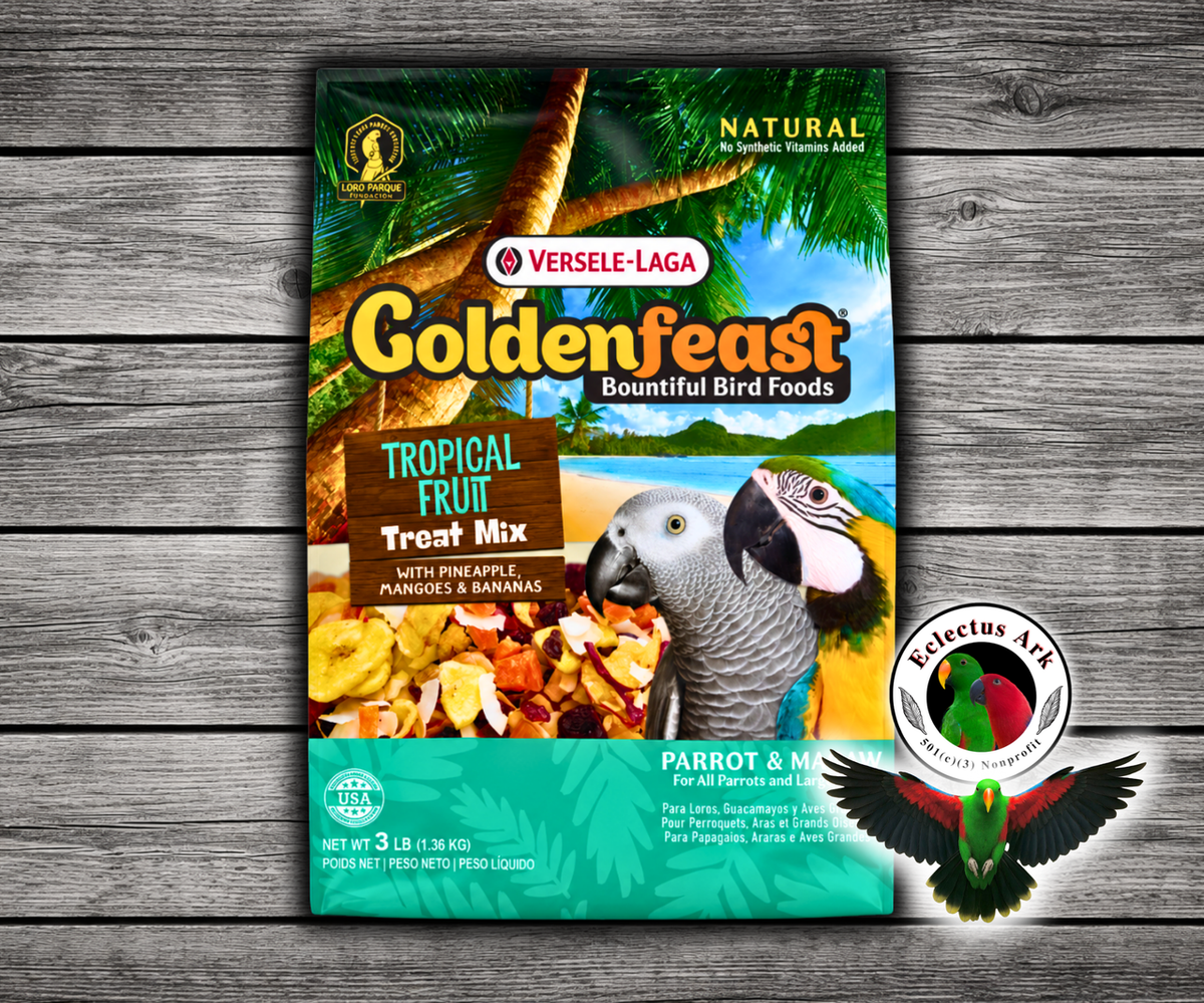Goldenfeast Tropical Fruit Natural Bird Treat with papaya, pineapple, cranberries, apricots, raisins, mango, coconut, apples, bananas, cherries, figs, juniper berries, blueberries, and dates for parrots, macaws, cockatoos, and large birds. 3 lb bag