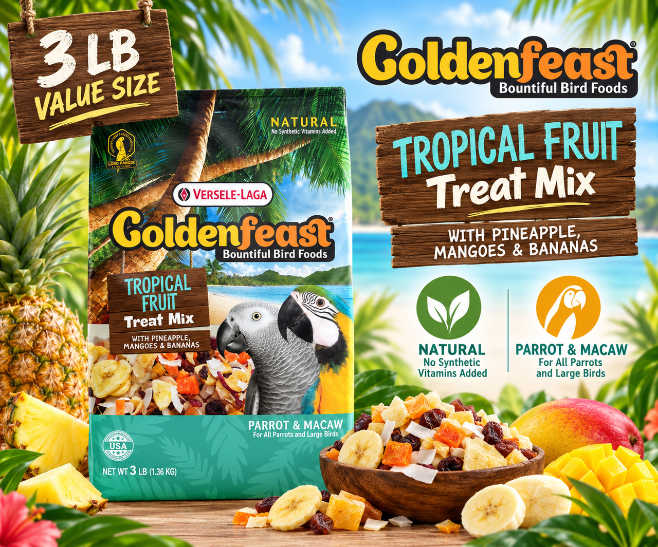 Goldenfeast Tropical Fruit Natural Bird Treat with papaya, pineapple, cranberries, apricots, raisins, mango, coconut, apples, bananas, cherries, figs, juniper berries, blueberries, and dates for parrots, macaws, cockatoos, and large birds 3 lb bag Promotional Image