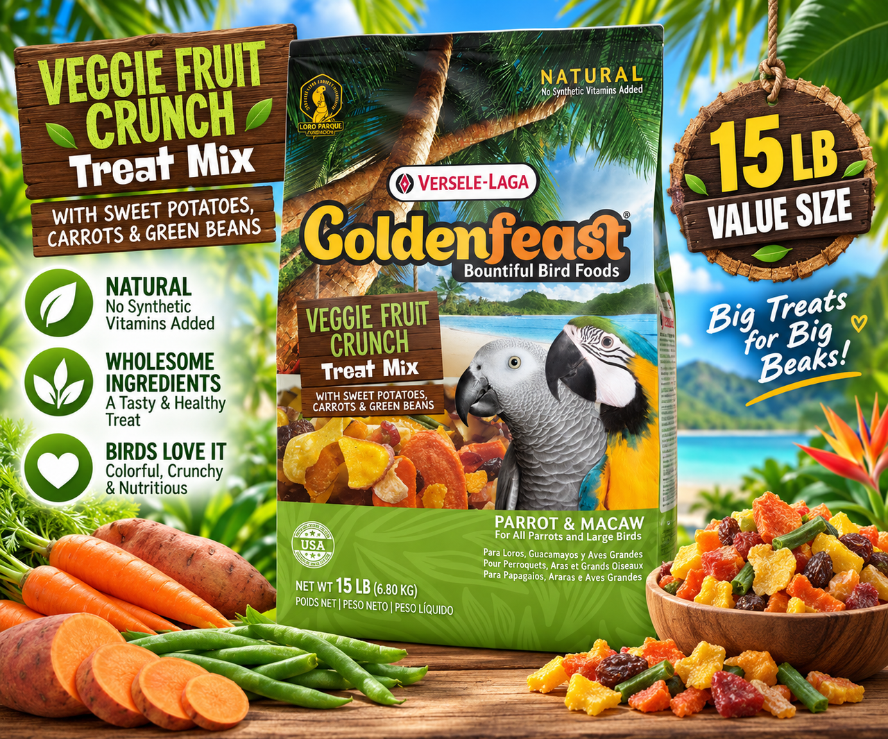 Goldenfeast Veggie Fruit Crunch Natural Bird Treat with cranberries, carrots, sweet potatoes, papaya, green beans, pineapple, cherries, bananas, squash, apricots, flaked corn, mango, beets, taro, broccoli, blueberries, apples, and sweet peppers for parrots, macaws, cockatoos, and large birds. 15 lb bag Promotional Image