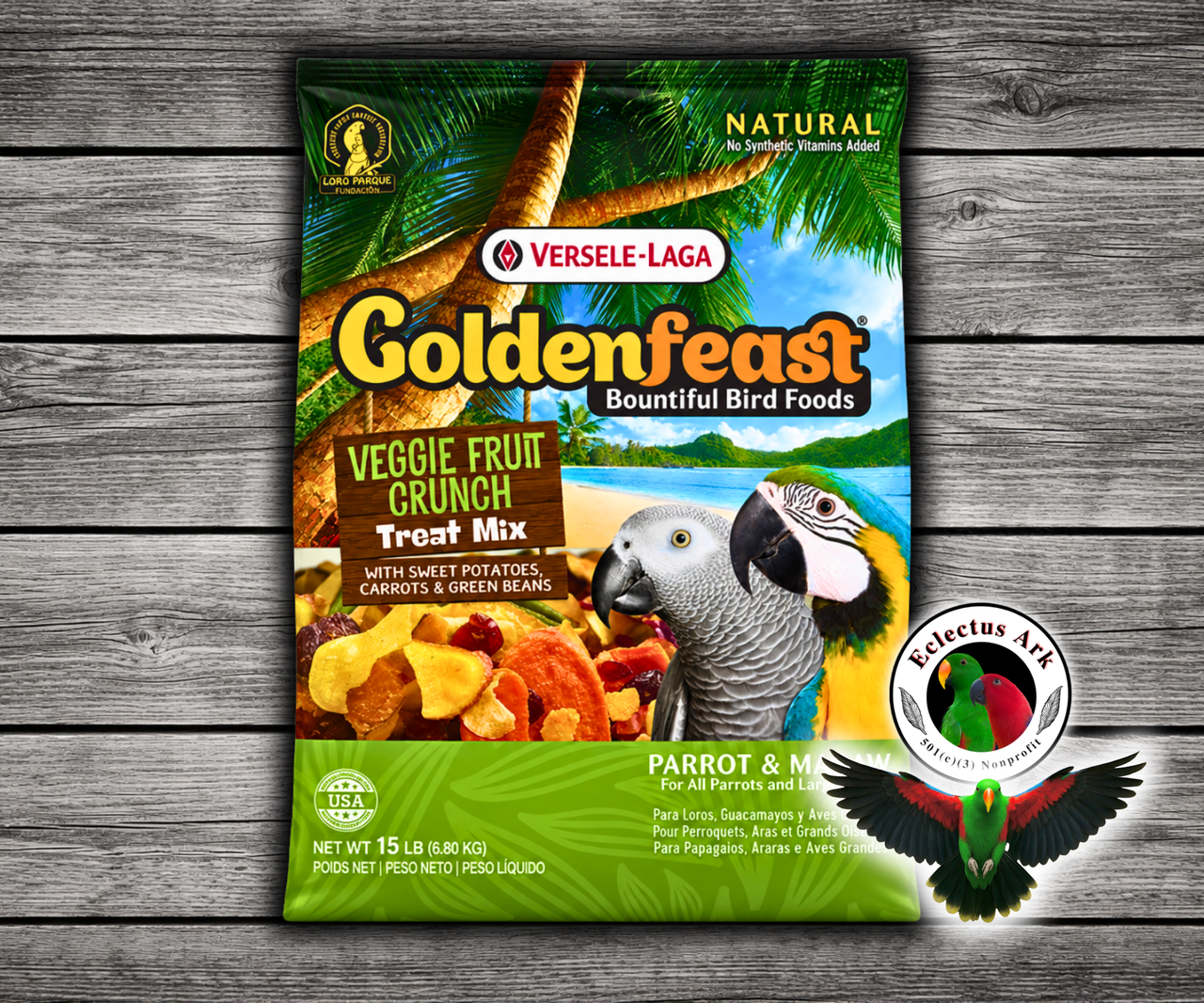 Goldenfeast Veggie Fruit Crunch Natural Bird Treat with cranberries, carrots, sweet potatoes, papaya, green beans, pineapple, cherries, bananas, squash, apricots, flaked corn, mango, beets, taro, broccoli, blueberries, apples, and sweet peppers for parrots, macaws, cockatoos, and large birds. 15 lb bag