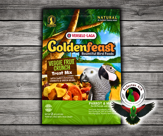 Goldenfeast Veggie Fruit Crunch Natural Bird Treat with cranberries, carrots, sweet potatoes, papaya, green beans, pineapple, cherries, bananas, squash, apricots, flaked corn, mango, beets, taro, broccoli, blueberries, apples, and sweet peppers for parrots, macaws, cockatoos, and large birds. 2 lb bag