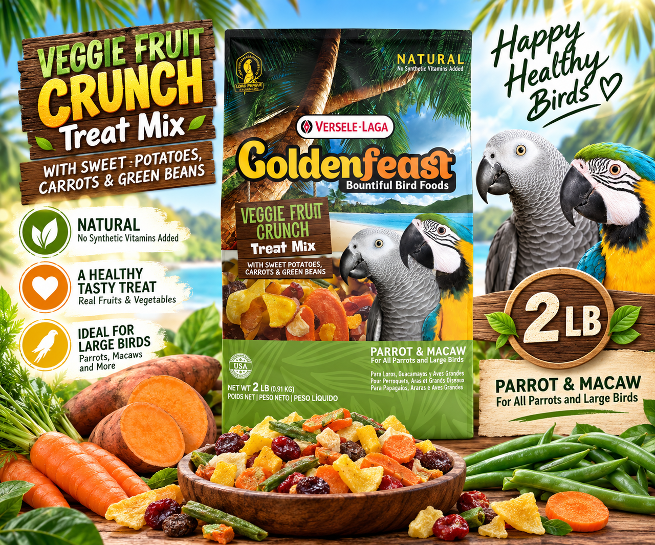 Goldenfeast Veggie Fruit Crunch Natural Bird Treat with cranberries, carrots, sweet potatoes, papaya, green beans, pineapple, cherries, bananas, squash, apricots, flaked corn, mango, beets, taro, broccoli, blueberries, apples, and sweet peppers for parrots, macaws, cockatoos, and large birds. 2 lb Promotional Image