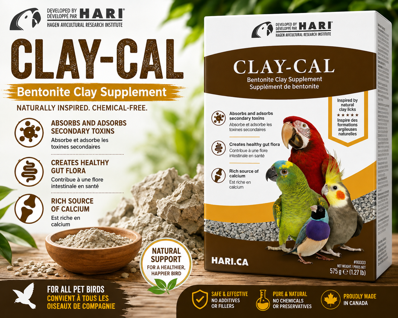 HARI Clay-Cal Bentonite Clay Bird Supplement 1.27 lb by Hagen with bentonite montmorillonite clay, calcium carbonate, and charcoal for all pet birds. Promotional Image