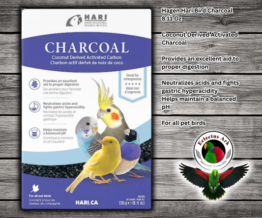 Hagen Hari Bird Charcoal Supplement 8.11 Oz made with coconut derived activated charcoal for all pet birds, supporting proper digestion and balanced pH.