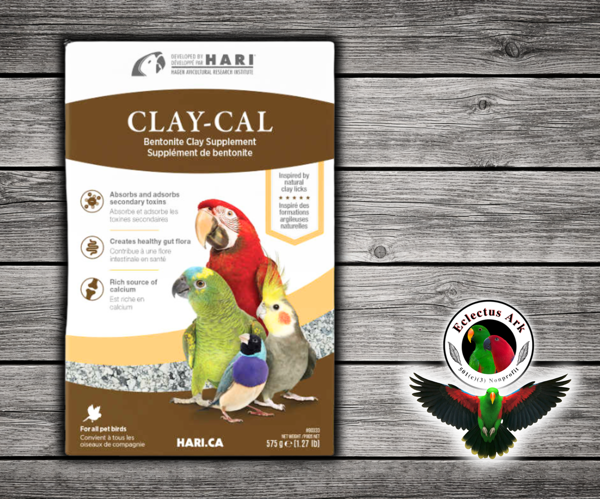 Hagen Hari Clay-Cal Bentonite Clay Supplement for Birds 1.27 lb with bentonite montmorillonite clay, calcium carbonate, and charcoal for all pet birds.