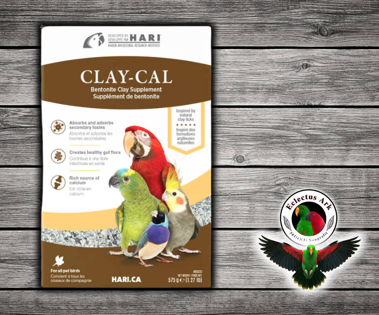 Hagen Hari Clay-Cal Bentonite Clay Supplement for Birds 1.27 lb with bentonite montmorillonite clay, calcium carbonate, and charcoal for all pet birds.