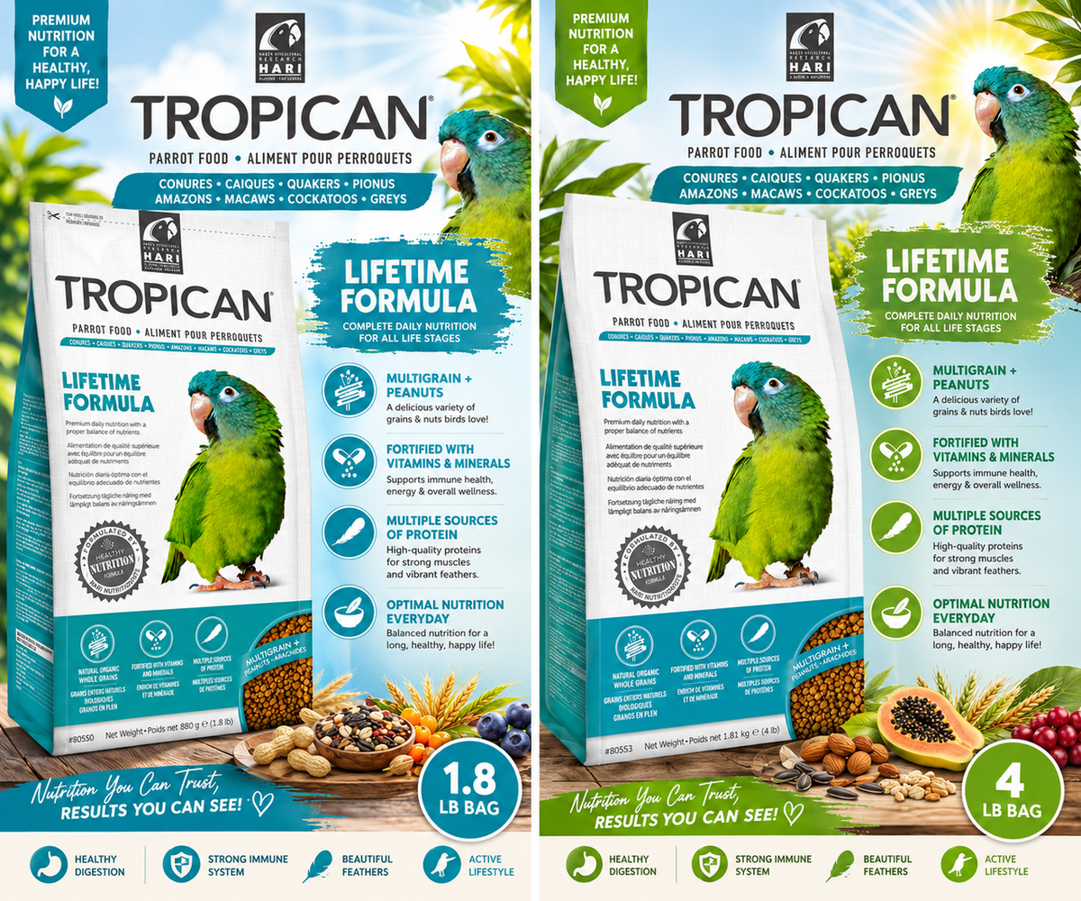 Shop Hagen Tropican Lifetime Parrot Granules, a 4 mm maintenance pellet diet for Conures, Amazons, Macaws, Cockatoos, African Greys. Promotional Image