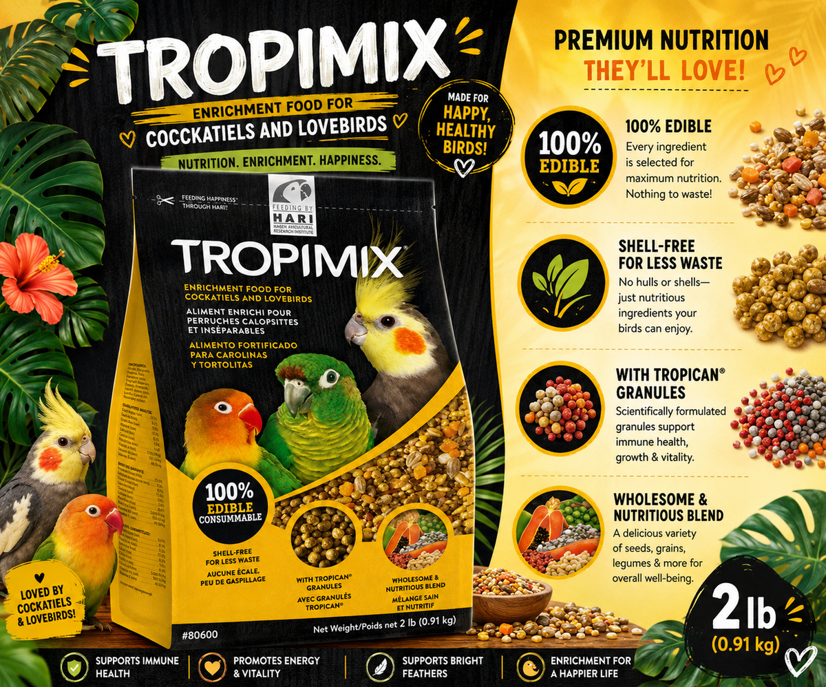 Hagen Tropimix Cockatiel and Lovebird enrichment food mix with grains, legumes, peanuts, fruits, and extruded Tropican granules in 2 lb and 8 lb sizes. 2 lb Bag Promotional Image