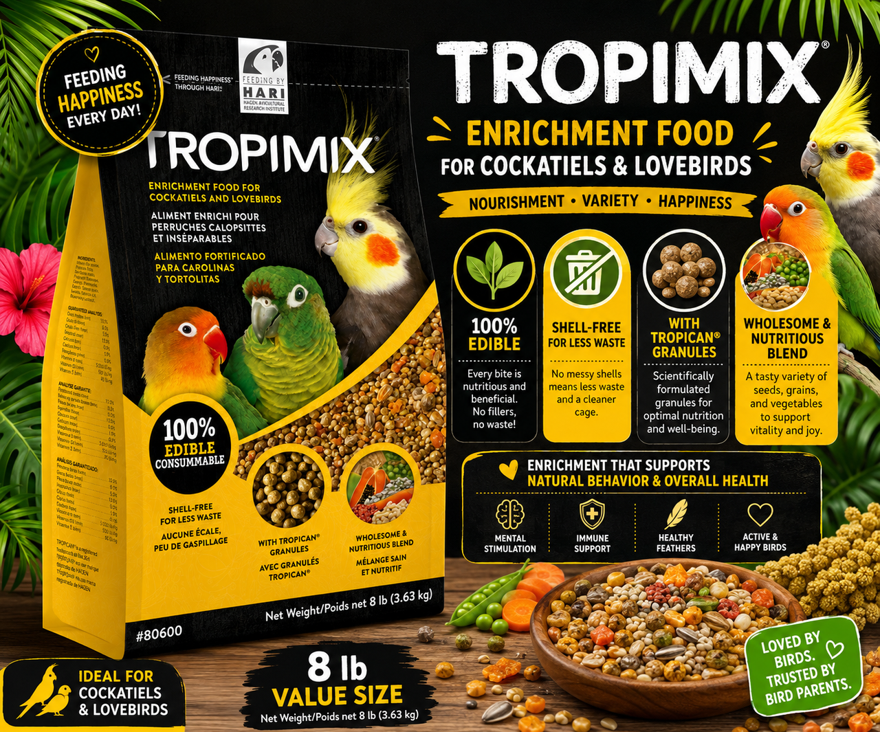 Hagen Tropimix Cockatiel and Lovebird enrichment food mix with grains, legumes, peanuts, fruits, and extruded Tropican granules in 2 lb and 8 lb sizes. 8 lb bag Promotional Image