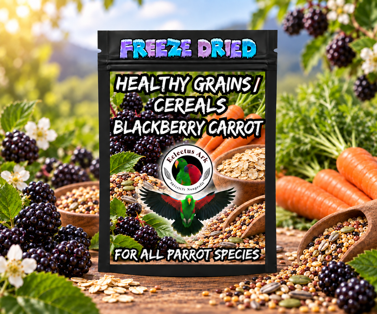 Healthy Grains Choose Your Flavor bird food made with flavor-coated grains in a 6.3 x 9.4 inch heat sealed resealable bag, served dry, rinsed soft, or cooked warm like oatmeal for parrots and other pet birds. BlackBerry Carrot Product Bag