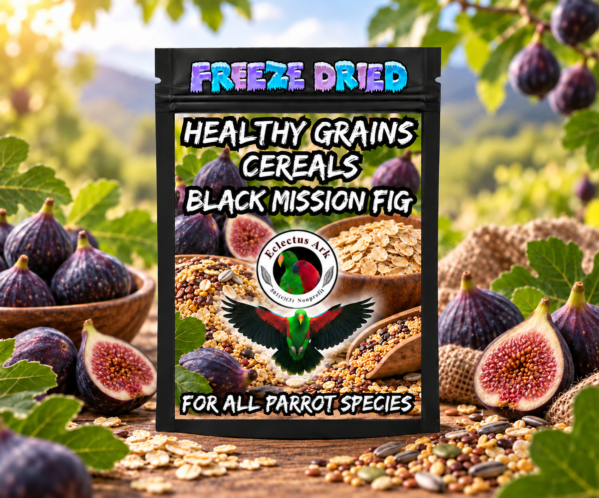 Healthy Grains Choose Your Flavor bird food made with flavor-coated grains in a 6.3 x 9.4 inch heat sealed resealable bag, served dry, rinsed soft, or cooked warm like oatmeal for parrots and other pet birds. Black Mission Fig Product Bag