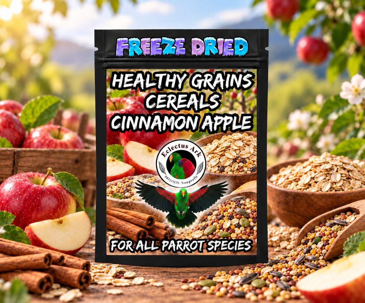 Healthy Grains Choose Your Flavor bird food made with flavor-coated grains in a 6.3 x 9.4 inch heat sealed resealable bag, served dry, rinsed soft, or cooked warm like oatmeal for parrots and other pet birds. Apple Cinnamon Product Bag