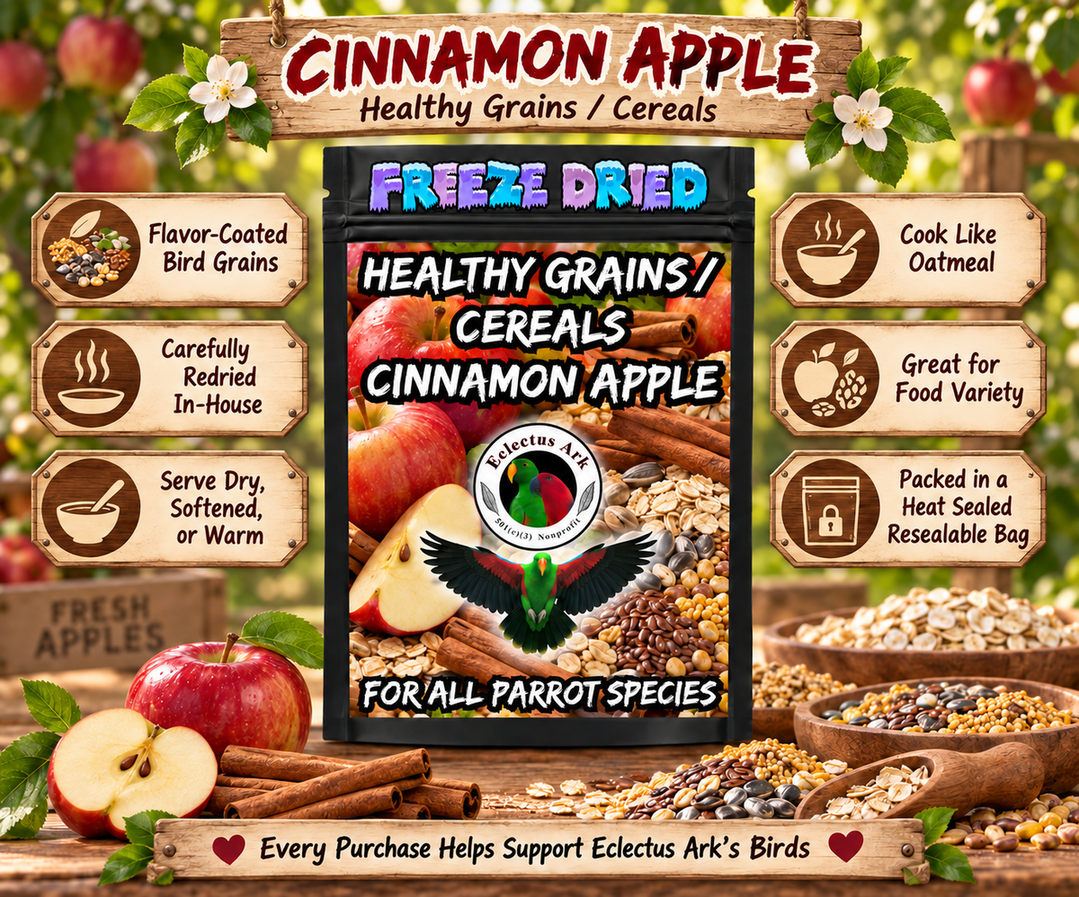 Healthy Grains Choose Your Flavor bird food made with flavor-coated grains in a 6.3 x 9.4 inch heat sealed resealable bag, served dry, rinsed soft, or cooked warm like oatmeal for parrots and other pet birds. Cinnamon Appple Product Promotional Image