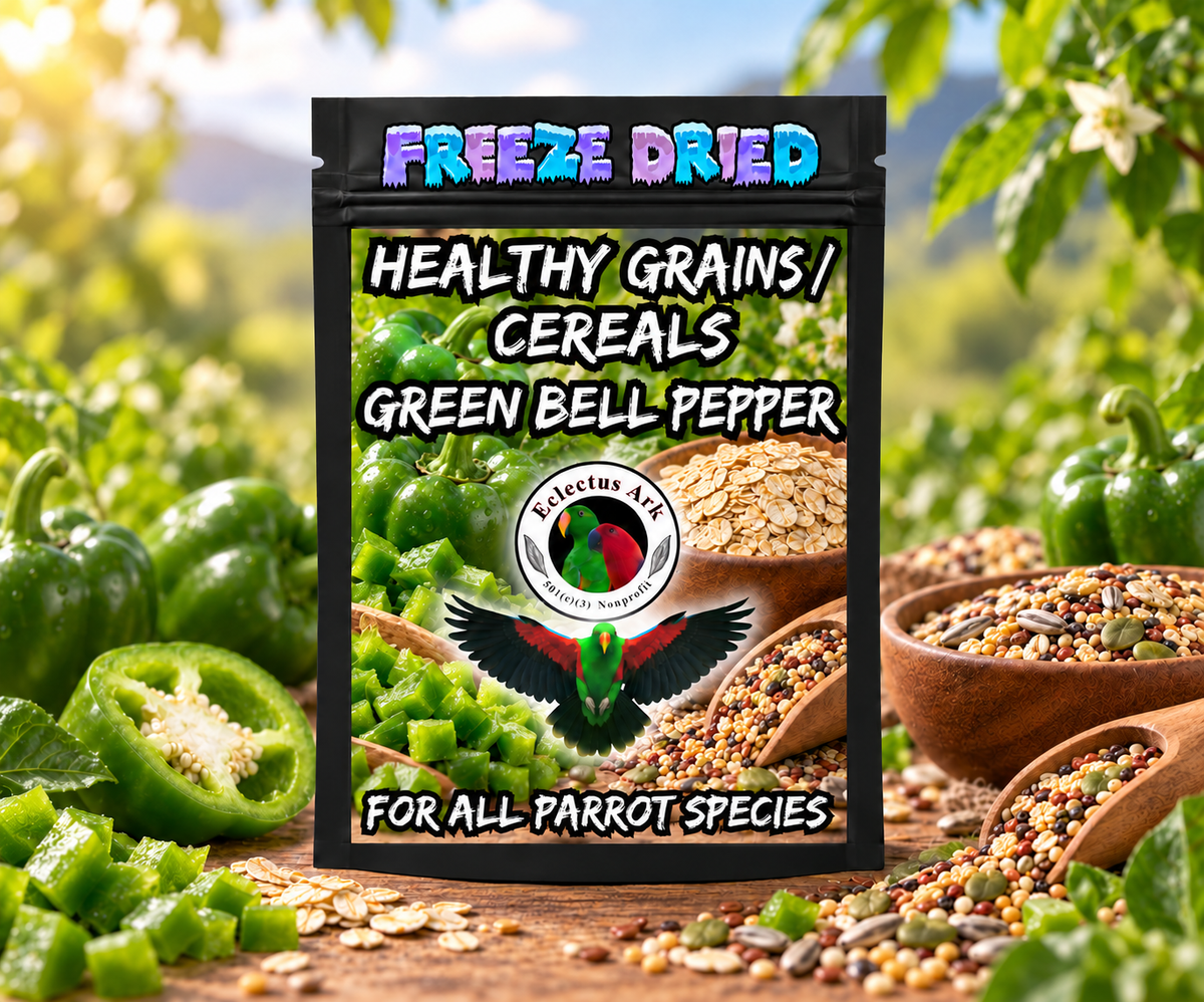 Healthy Grains Choose Your Flavor bird food made with flavor-coated grains in a 6.3 x 9.4 inch heat sealed resealable bag, served dry, rinsed soft, or cooked warm like oatmeal for parrots and other pet birds. Green Bell Pepper Product Package Photo